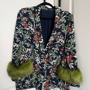 Zara Floral Blazer with Green Fur Trim